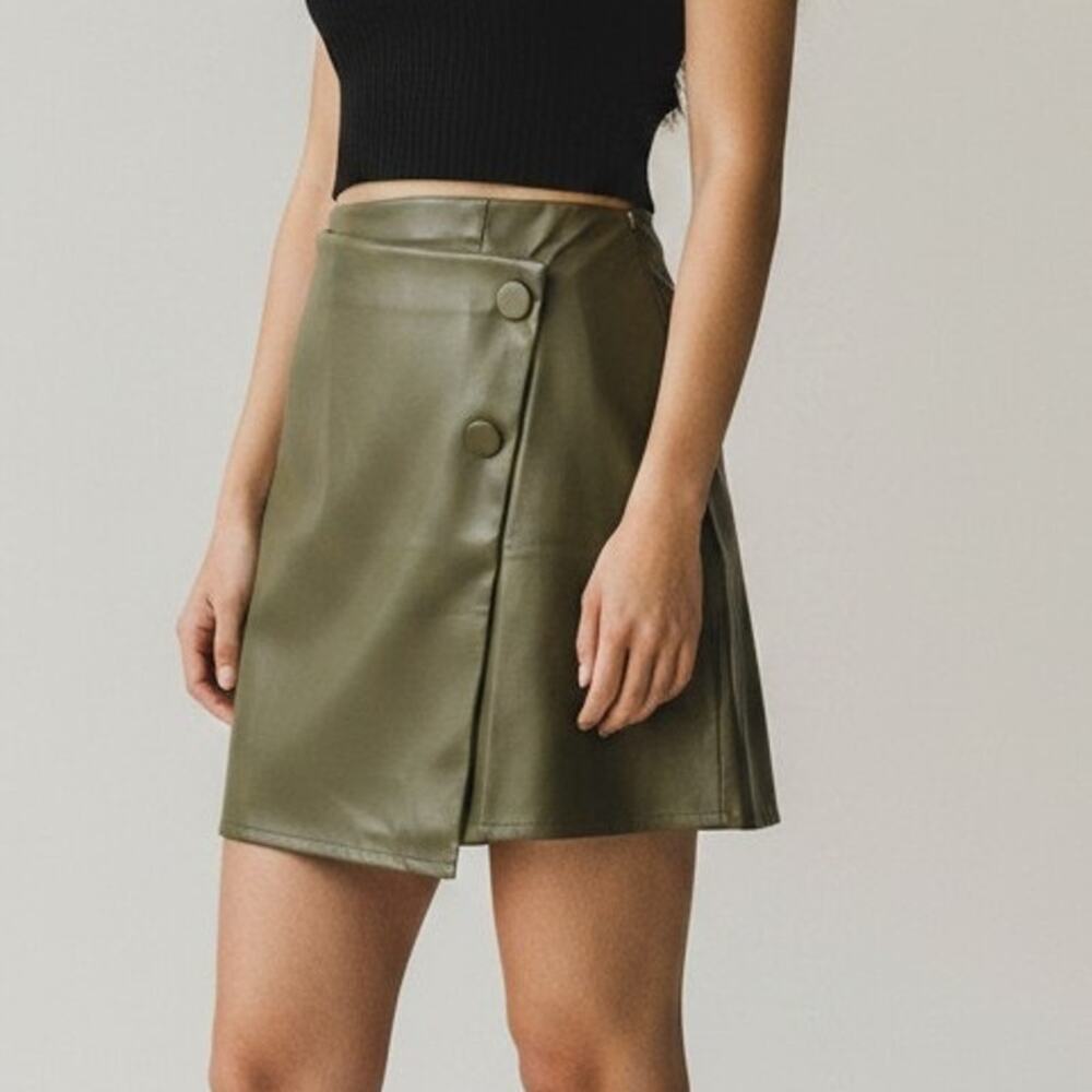 The Drop Mini Wrap Skirt Olive Green PU Leather Women's Size L NWT